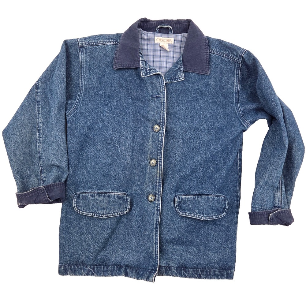 VTG Cherokee Denim Chore Barn Jacket Flannel Lined Blue Plaid Size Medium